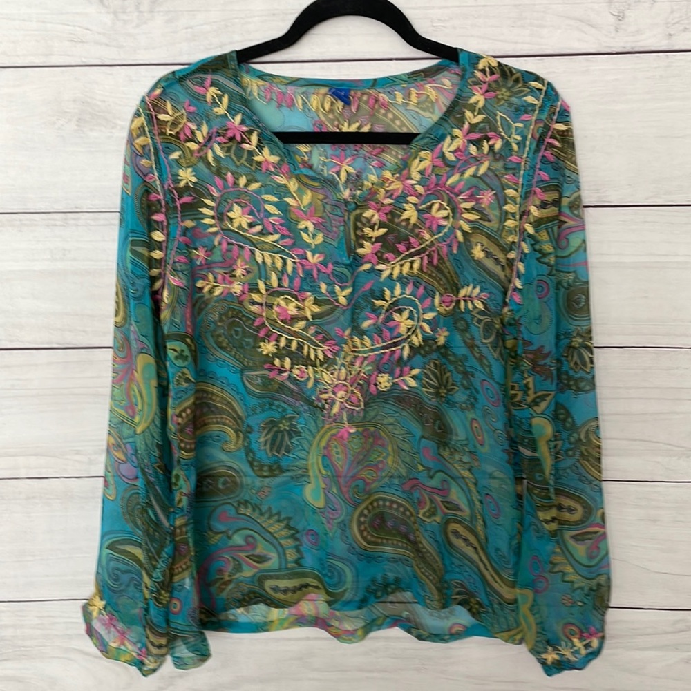 Vintage Boho Silk Sheer Top Shirt Blouse by Raj Size Large Excellent condition!